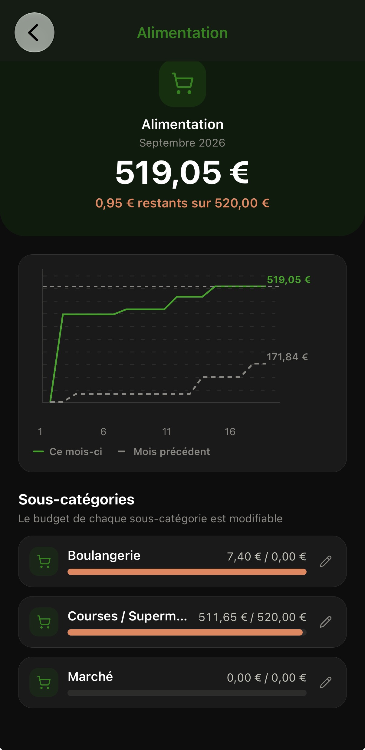 Détail d'une catégorie de budget avec courbe de dépense