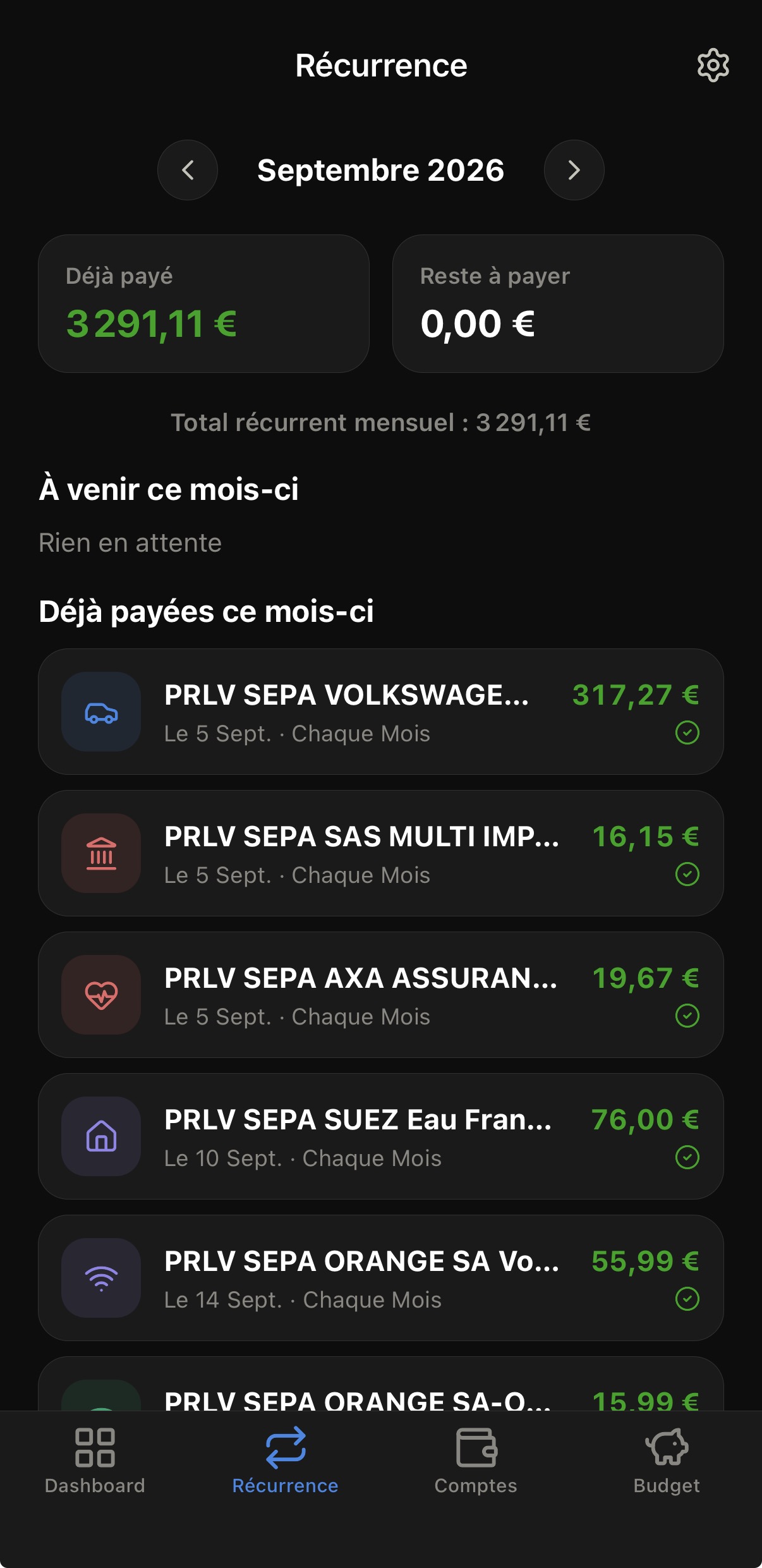 Suivi des récurrences déjà payées et à venir